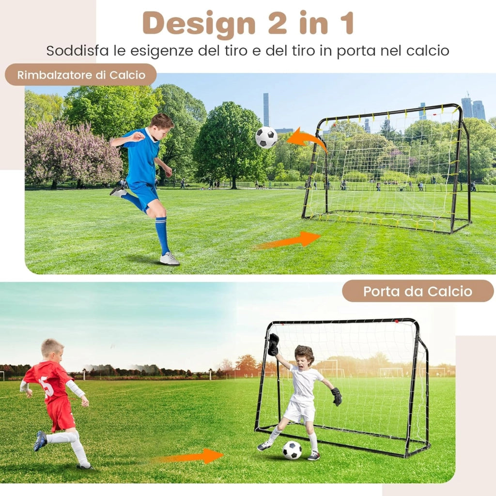 Set di Reti da Calcio 2-in-1 per Bambini: Ribalta e Porta da Calcio 187 x 122,5 cm, Set di Rete di Rimbalzo e Rete da Calcio Regolabile, Struttura in Metallo Robusto