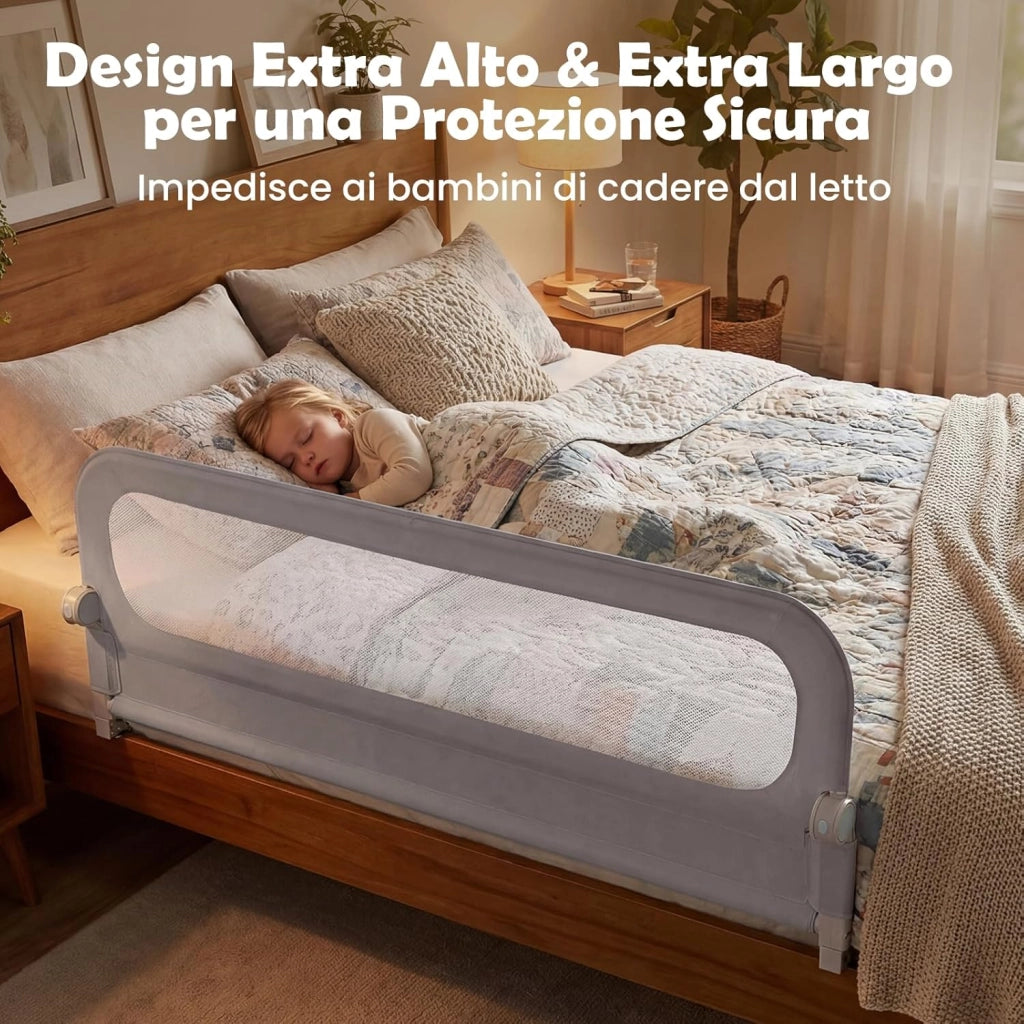 Sponda Letto per Bambini 80/120/150/180 cm, Barriera di Sicurezza per Neonati, Altezza Regolabile a 3 Livelli, Barriera Letto Pieghevole, con Cinghia di Sicurezza (180 cm,Grigio)