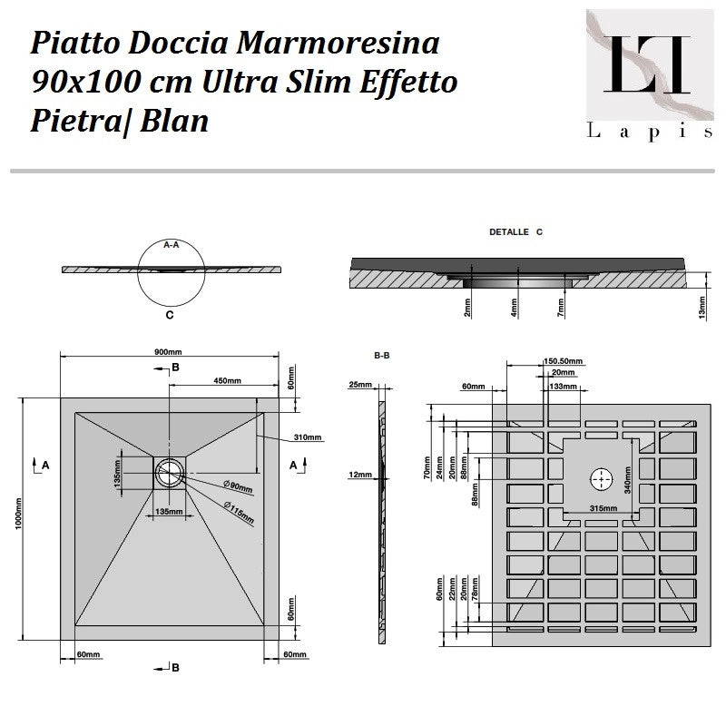 Piatto Doccia Marmoresina 90x100 cm Bianco Ultra Slim Effetto Pi