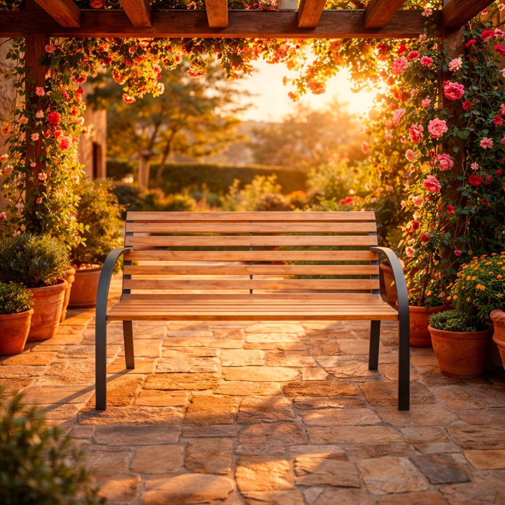 Panchina Da Giardino 2 Posti In Legno Di Abete E Acciaio Verniciato Panca Da Esterno Design Moderno Resistente Con Braccioli Comoda Per Terrazzo Balcone E Giardino 119.5 x 62 x 83 Cm
