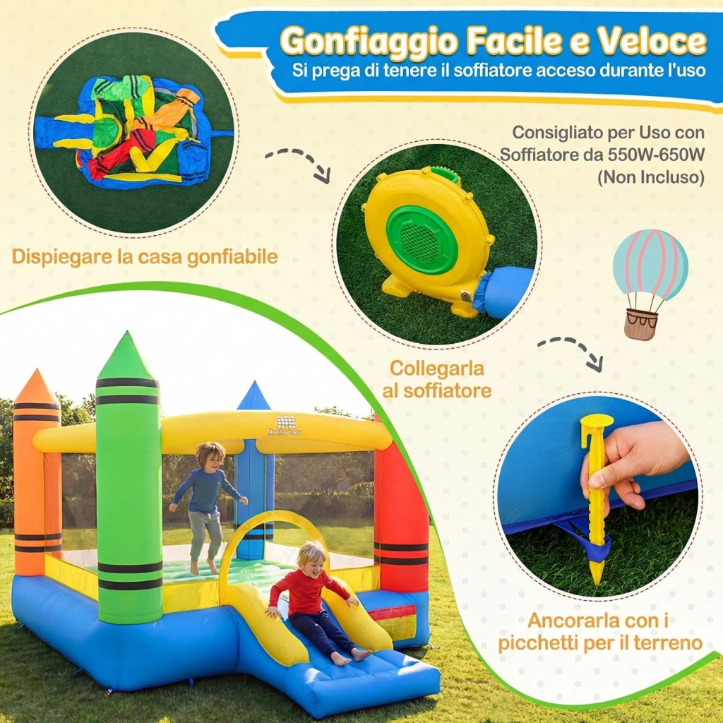 Castello Gonfiabile per Bambini, Casa Gonfiabile con Salto e Scivolo, Borsa di Trasporto e Kit di Riparazione, per 2 Bambini 3-12 Anni, Adatto per Esterno e Interno