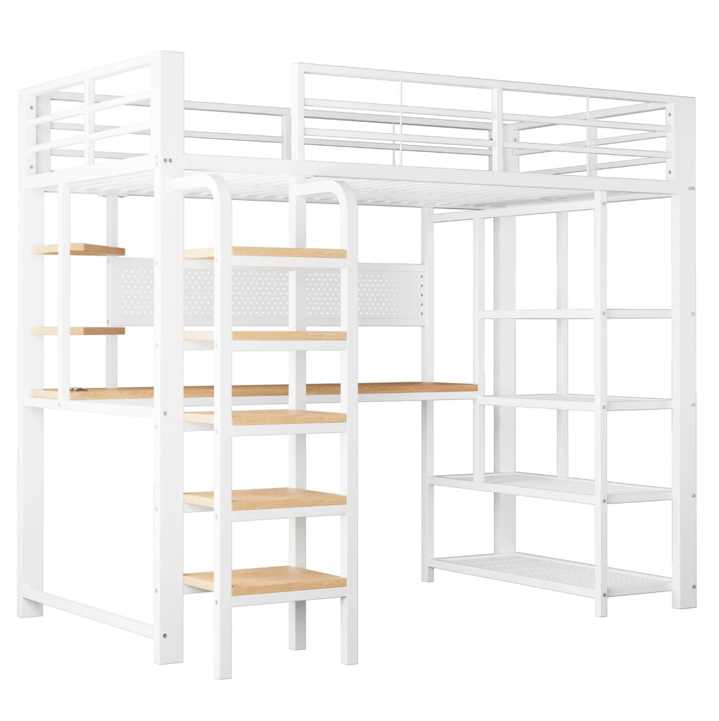 Letto a soppalco in metallo 90x200 cm con LED; scrivania e prese; bianco
