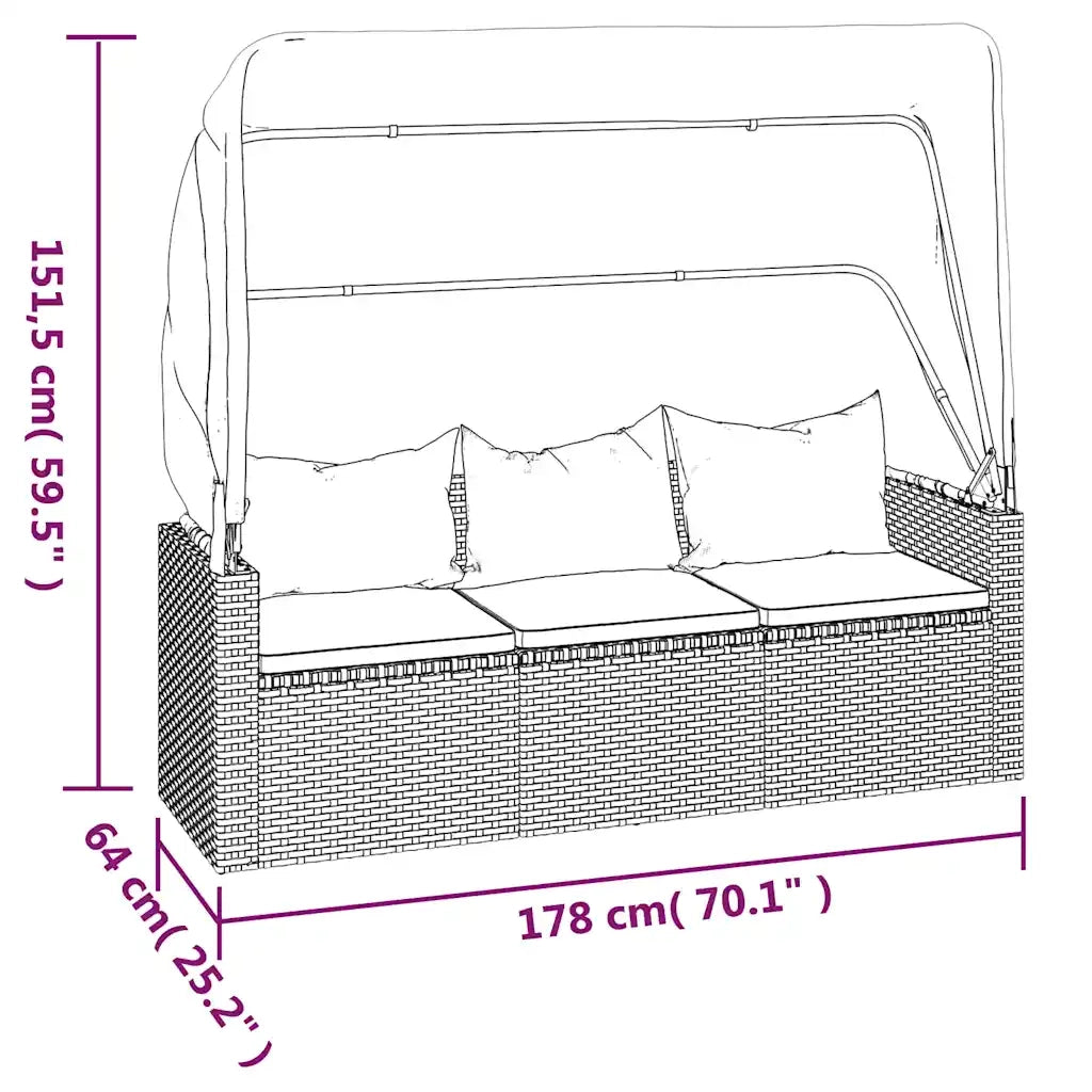 Divano Giardino 3 Posti con Tetto e Poggiapiedi Nero Polyrattan 362334