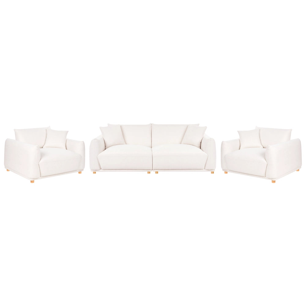Set divano a 5 posti in tessuto bianco sporco con cuscini decorativi e poltrone con gambe in legno stile moderno
