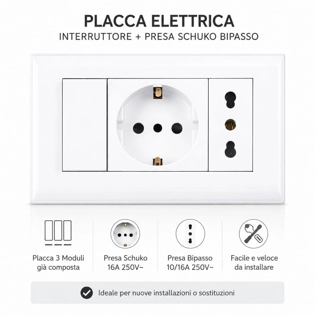 Placca Placchetta Elettrica 3 Posti con Interruttore e Schuko Bipasso