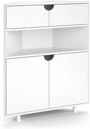Credenza Inaro, Bianco, 79 x 96 cm con 4 scomparti, adatto per essere riposto in modo salvaspazio negli angoli della stanza
