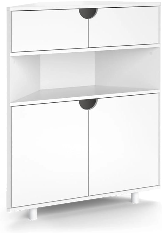 Credenza Inaro, Bianco, 79 x 96 cm con 4 scomparti, adatto per essere riposto in modo salvaspazio negli angoli della stanza