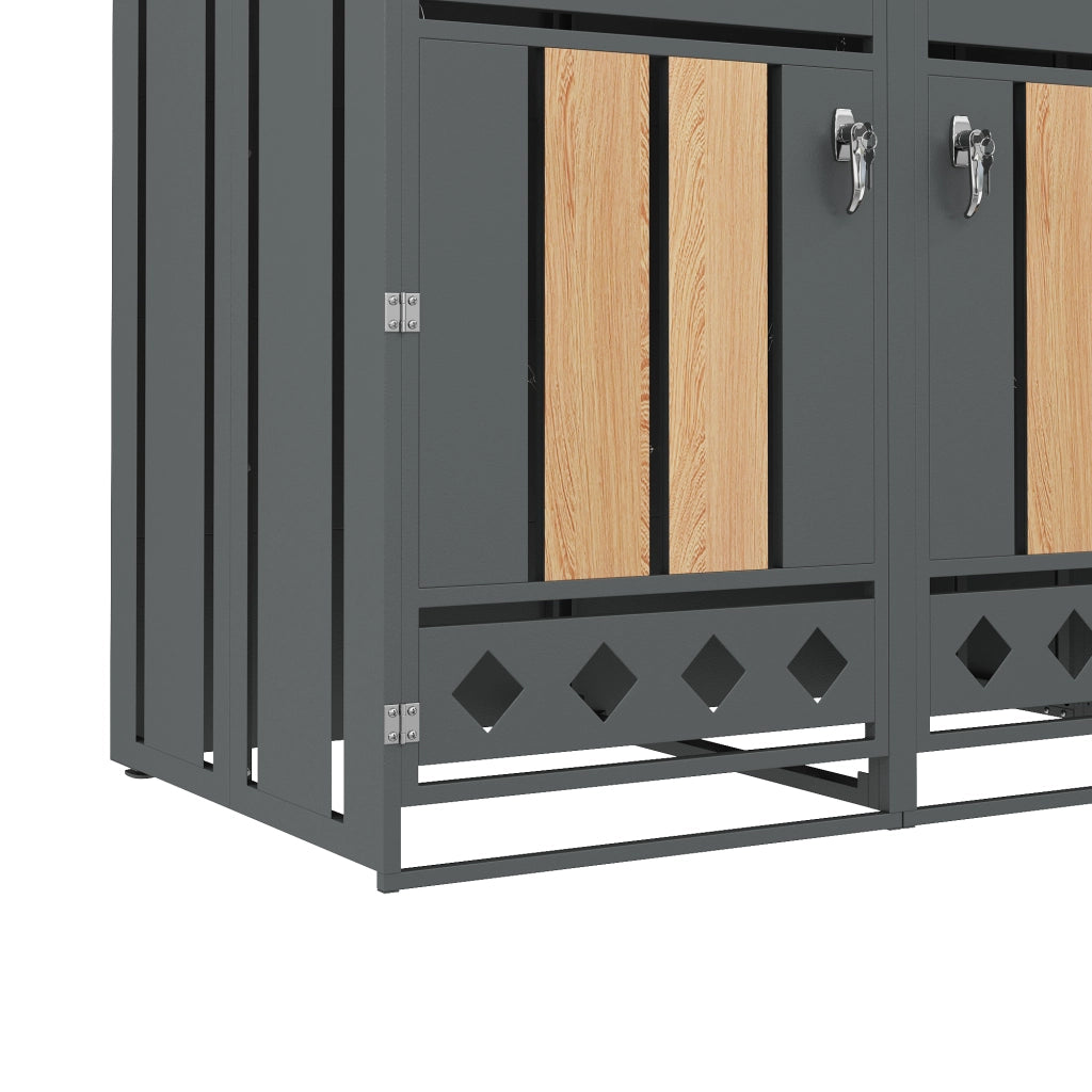 Copribidoni con Fioriera Integrata e 4 Scomparti con Serratura in Acciaio Grigio con Effetto Legno