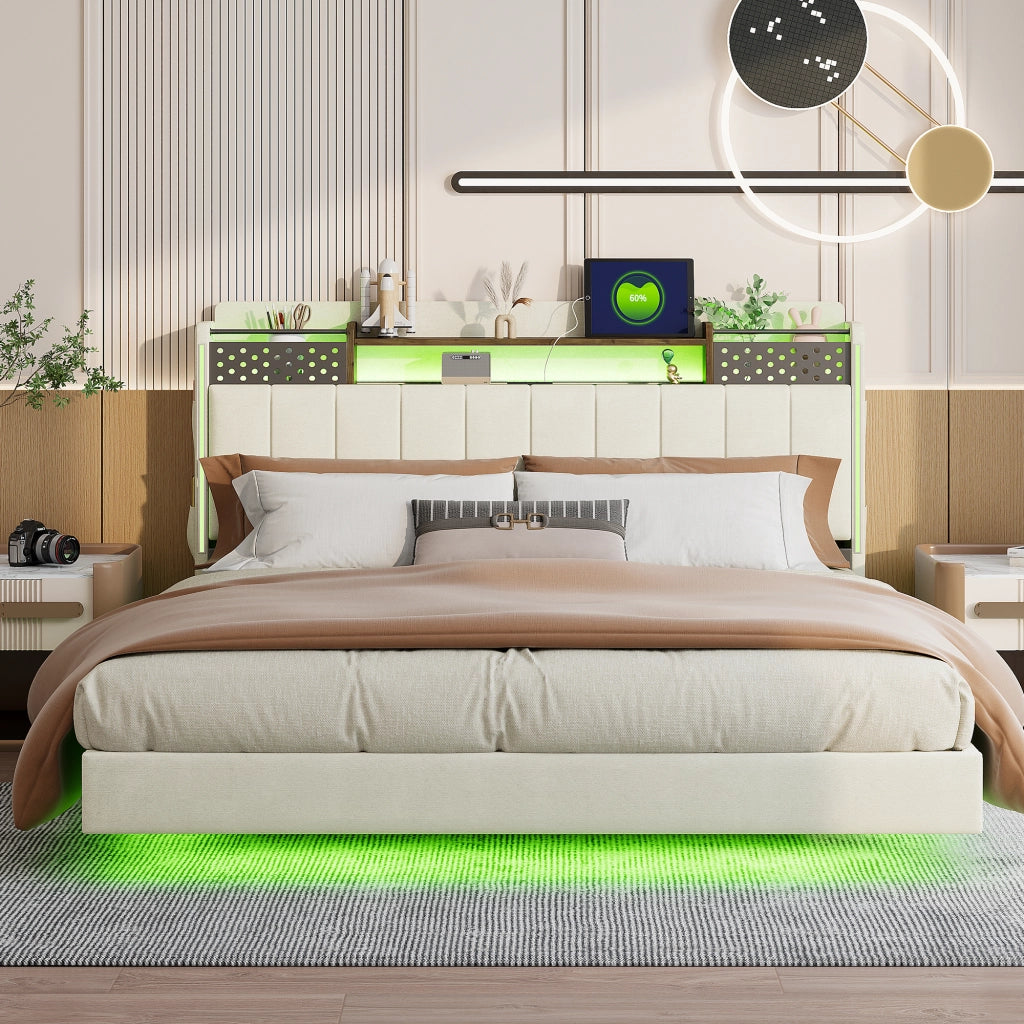 LETTO Imbottito 160x200 cm Beige in tessuto lino con USB e LED