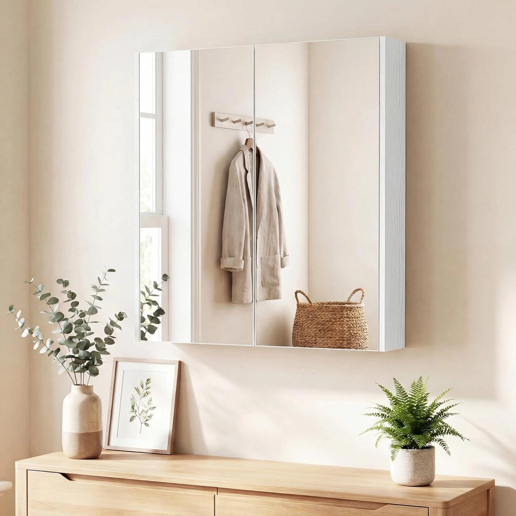 Armadietto da Bagno con Specchio a 2 Ante, Mobiletto da Parete Pensile Salvaspazio in Legno, Mobile Bagno Sospeso per Camera da Letto, Ingresso e Soggiorno, 62 x 11 x 65 cm (Bianco)