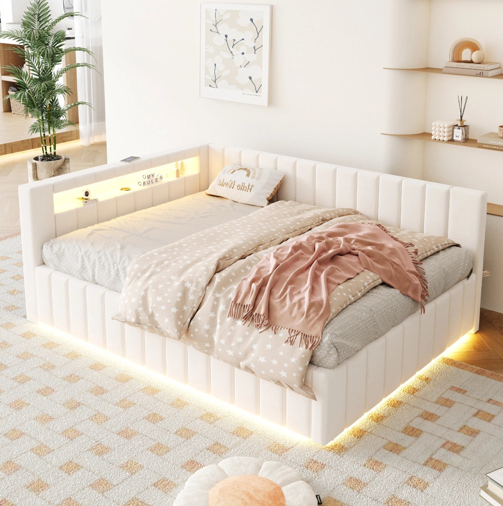 Letto imbottito 140x200 con contenitore idraulico, LED e USB beige