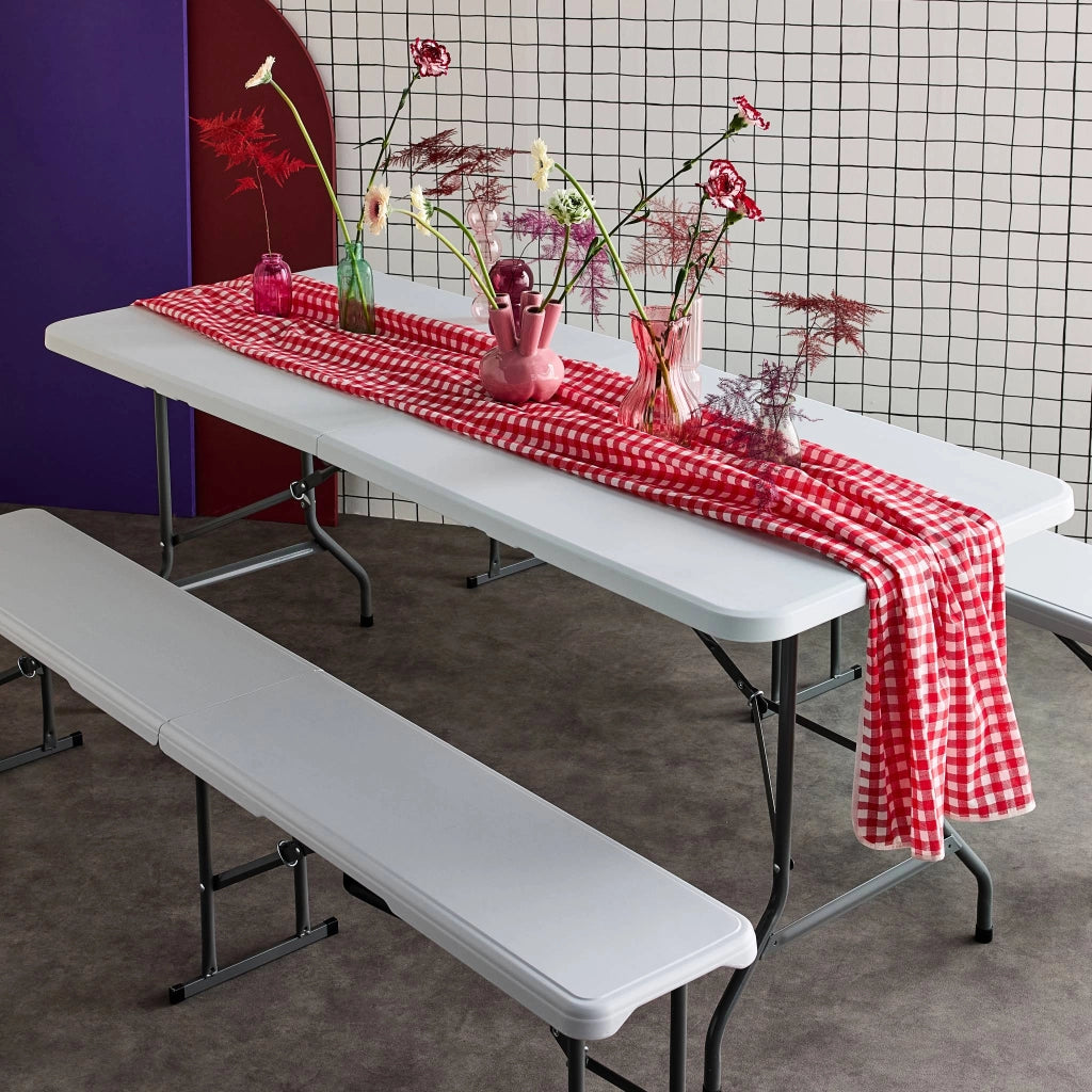 Set tavolo da ricevimento pieghevole in plastica con 2 panche, bianco