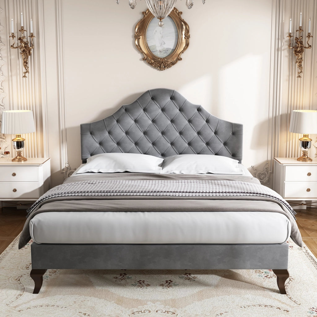 OKWISH Letto Imbottito 140×200 cm, Letto Matrimoniale con Testiera Regolabile e Rete a Doghe, senza Materasso, in Velluto, Grigio