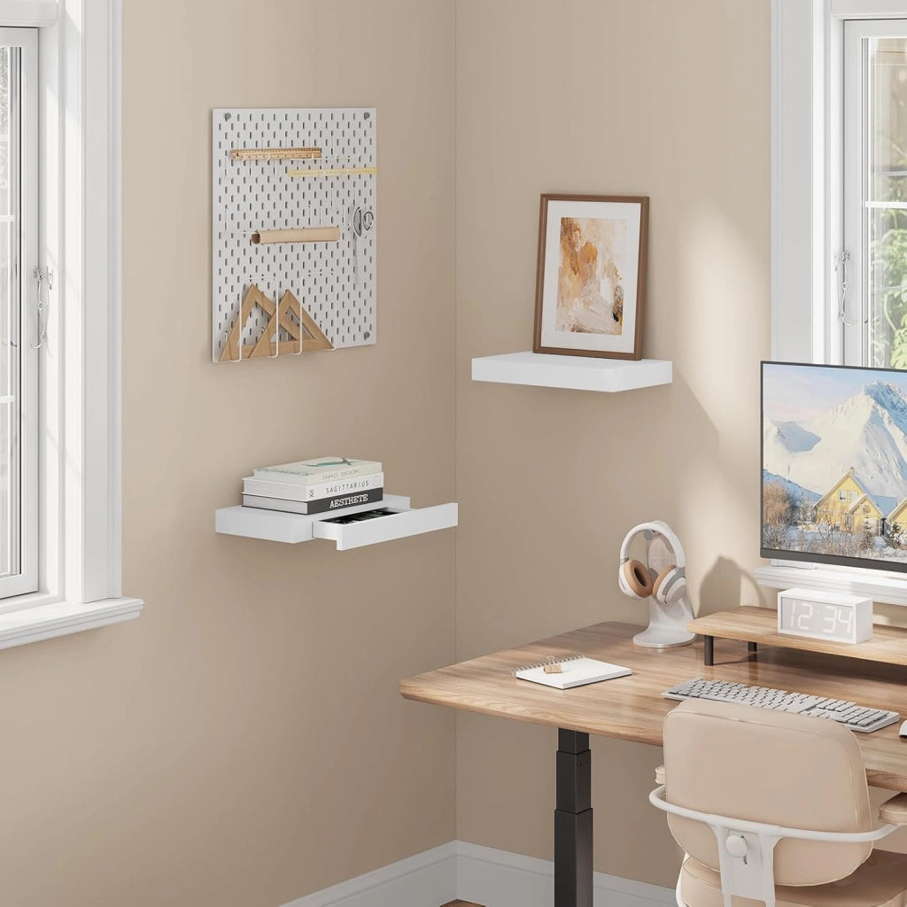 Mensola da Muro, Scaffale Parete Moderno, Mensola con Cassetto in MDF per Soggiorno, Camera da Letto, Cucina, 40x25x5cm Bianco, RG9344ws