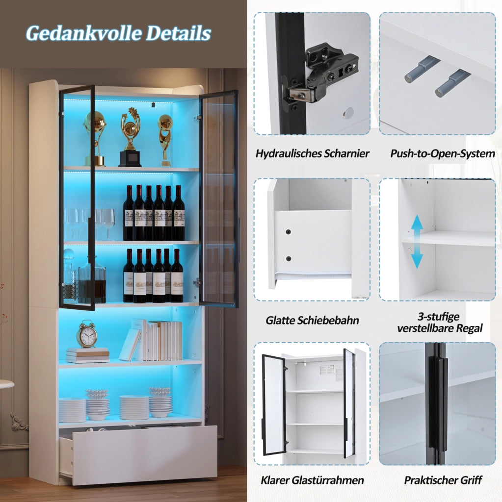 Vetrina alta 80x34x180 cm con 1 cassetto; ante in vetro e LED; bianco