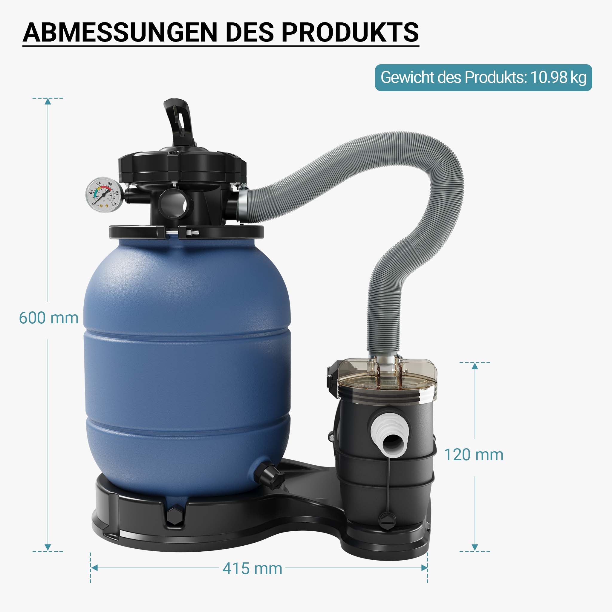 Filtro a sabbia per piscina, pompa autoadescante per piscina 260 W, serbatoio per 21 kg di sabbia, per piscine fino a 20 m³