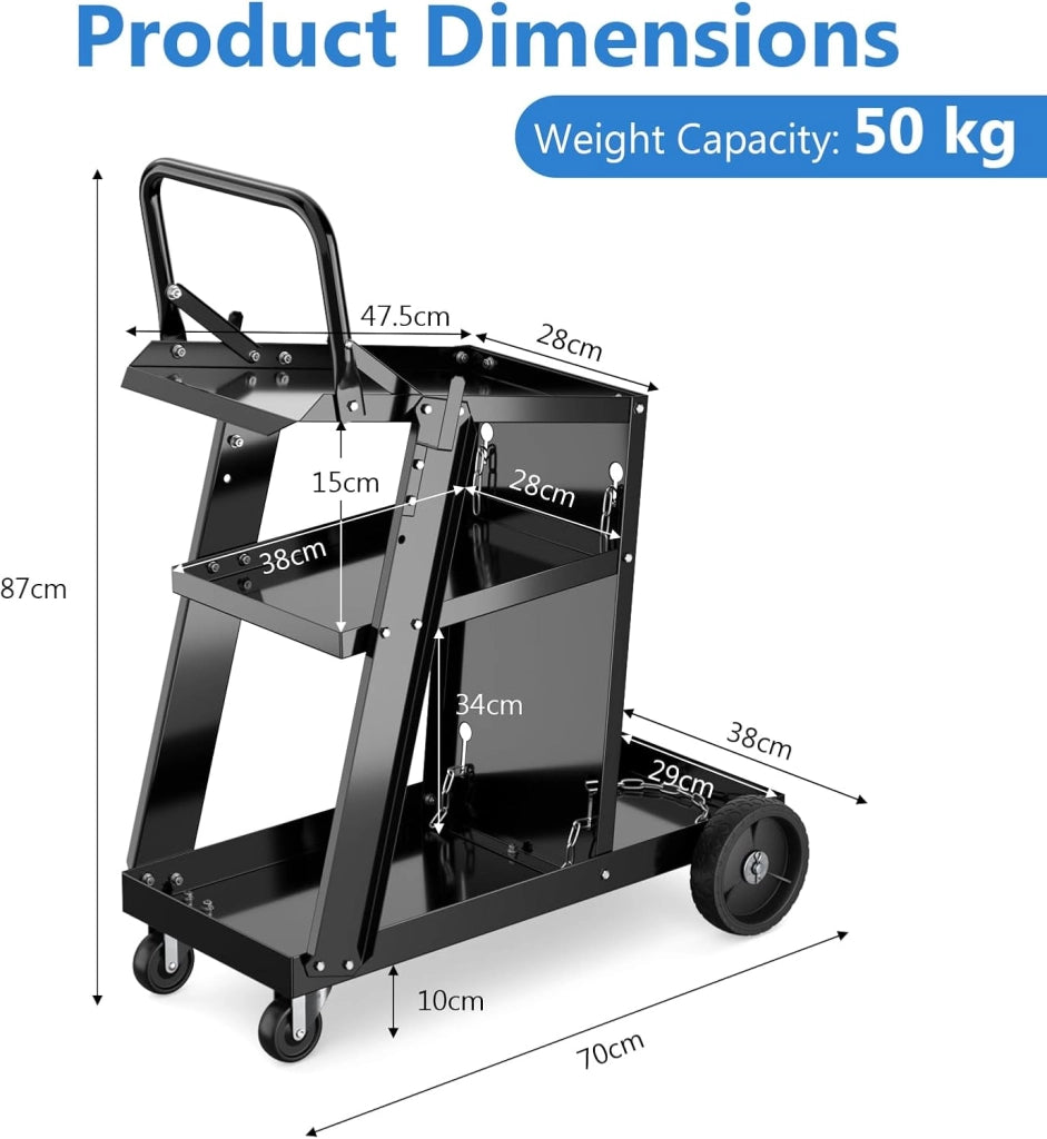 Carrello per officina, 3 livelli, con 2 catene di sicurezza e vassoio inferiore, 2 ganci laterali, carico 50 kg, 70 x 38 x 87 cm, per officina, garage