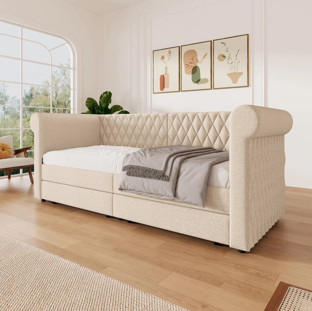 Letto singolo daybed 90x200 cm in lino beige con 2 cassetti e testiera vintage