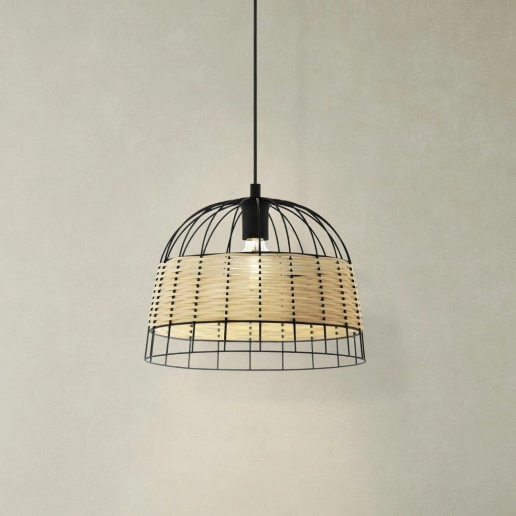 Sospensione Rustica-Country Anwick Metallo Nero E Rattan 1 Luce E27