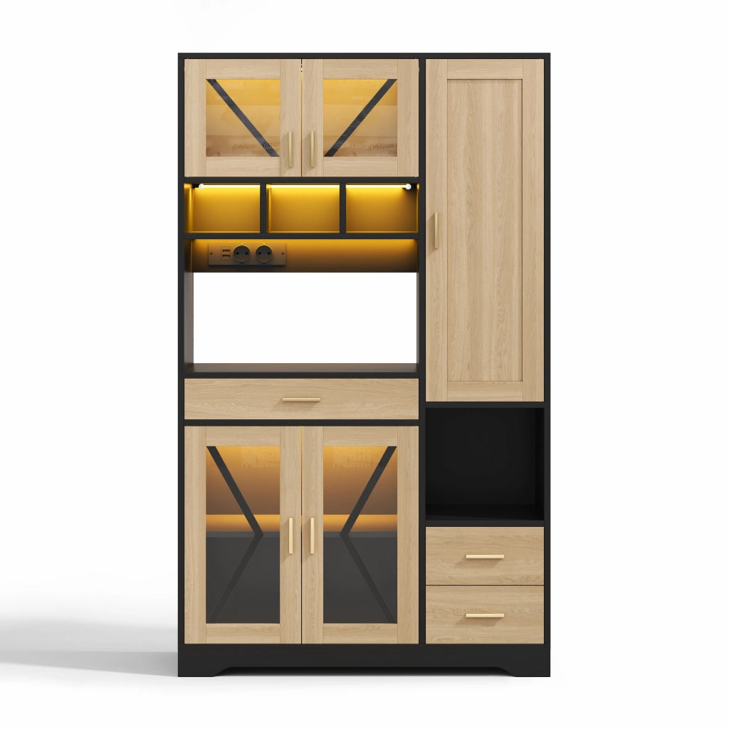Credenza Alta Stile Rustico con LED, Ripiani, Cassetto e Prese ¨C Xylo ¨C 185x105x40