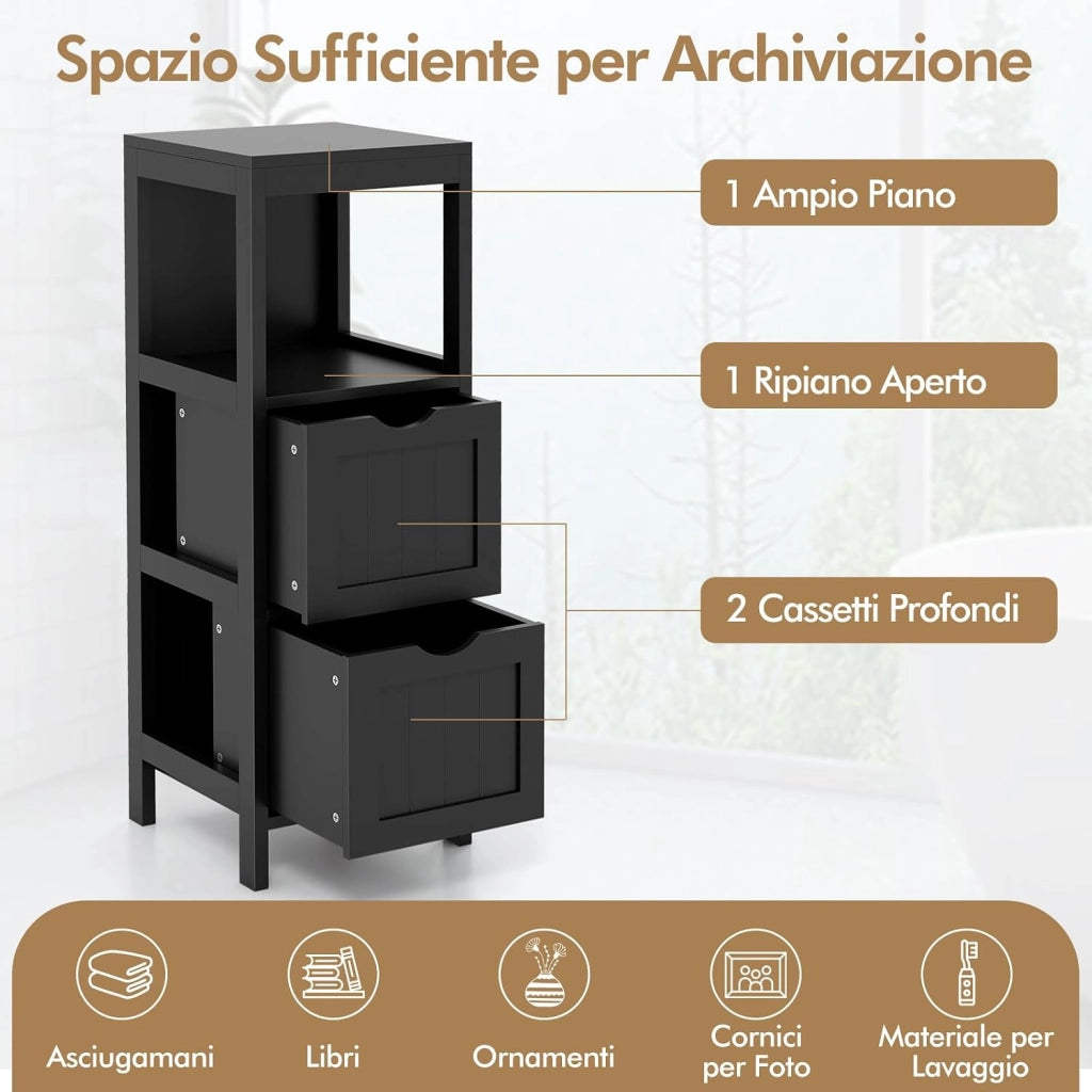 Mobile da Bagno, Mobile da Terra con 2 Cassetti e Vano Aperto, con Design Antiribaltamento, per Bagno, Camera da Letto, Salotto e Cucina, 30 x 30 x 90 cm (Modello 2)