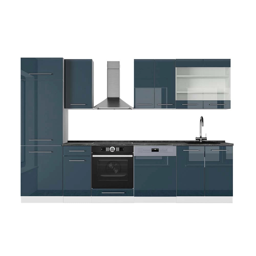 Cucina componibile Fame-Line Blu scuro lucido/Bianco 300 cm, PL Antracite Vicco