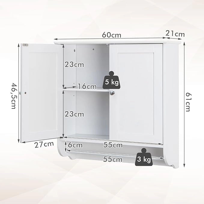 Mobile da Bagno Sospeso, Armadietto da Parete con 2 Ante Barra Porta Asciugamani e Ripiano Regolabile, Salvaspazio Stile Moderno, 60 x 21 x 61 cm (Bianco)