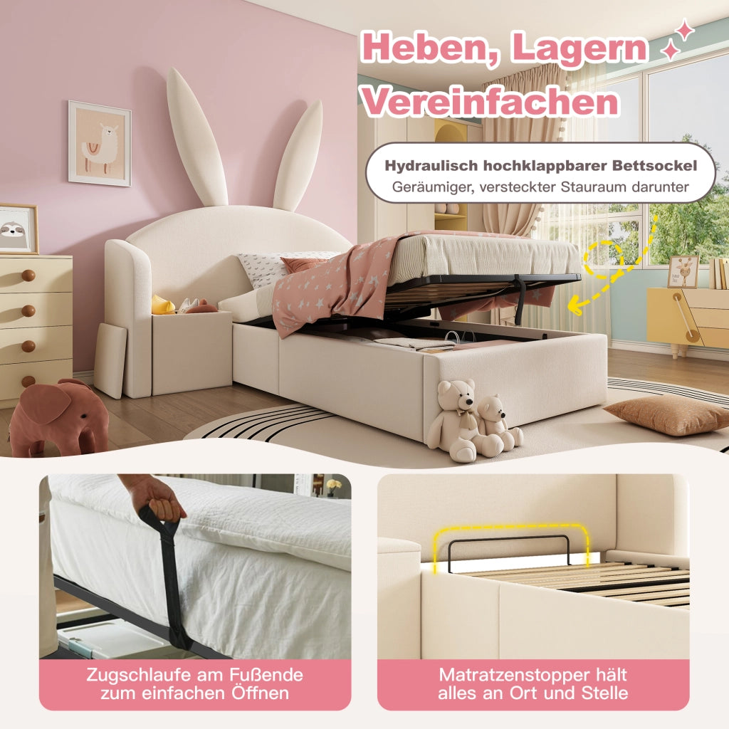 LETTO 90x190 cm per bambini in velluto beige con contenitore e comodino