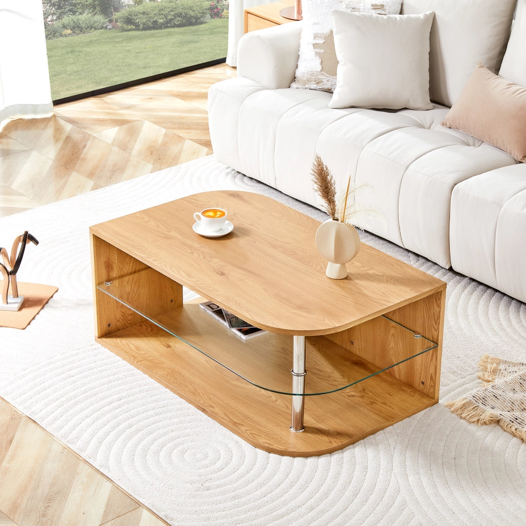 Tavolino basso con doppio ripiano e vano contenitore in MDF effetto legno naturale e vetro 100 × 60 × 42 cm