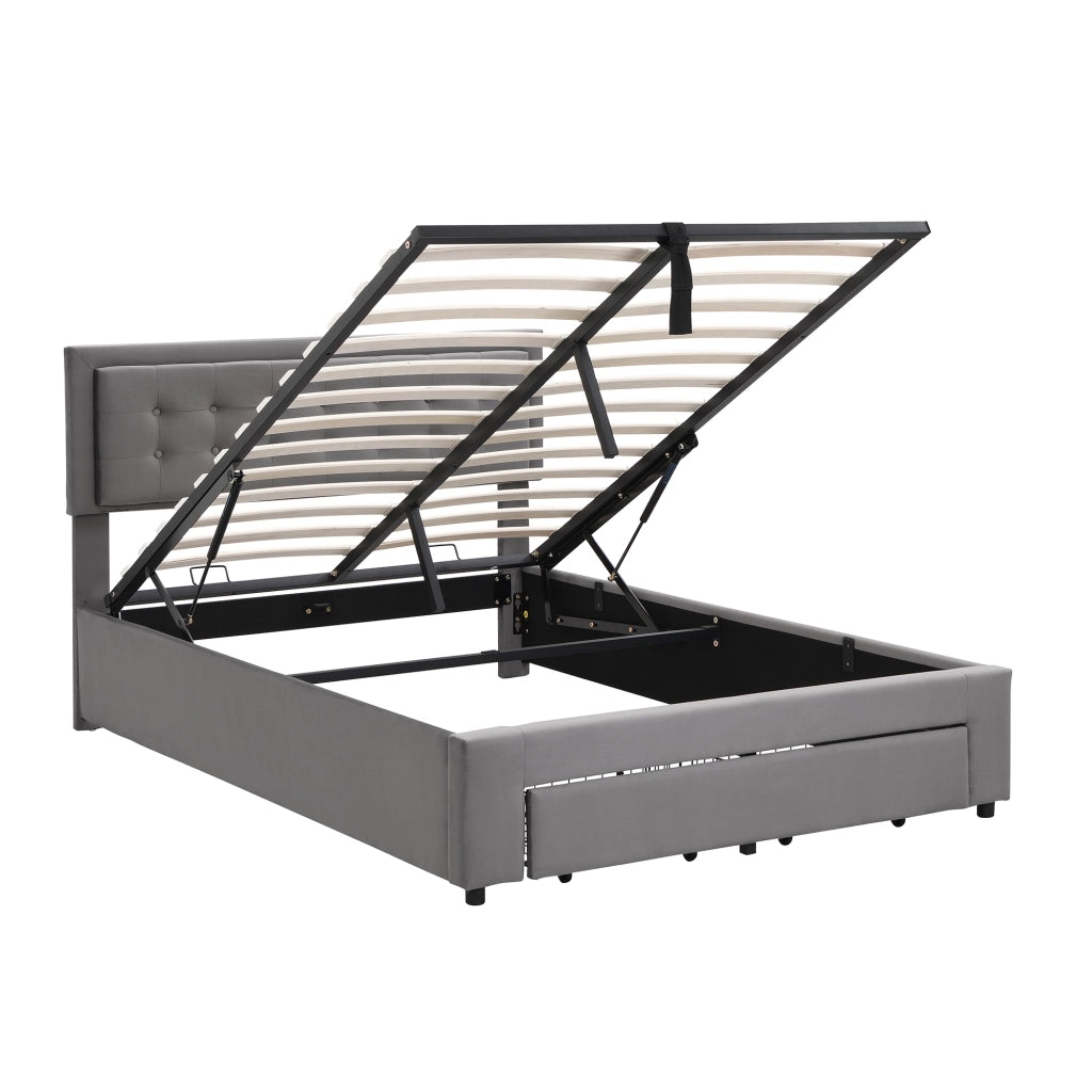 Letti contenitori 140x200 cm con contenitore; testiera regolabile; velluto grigio