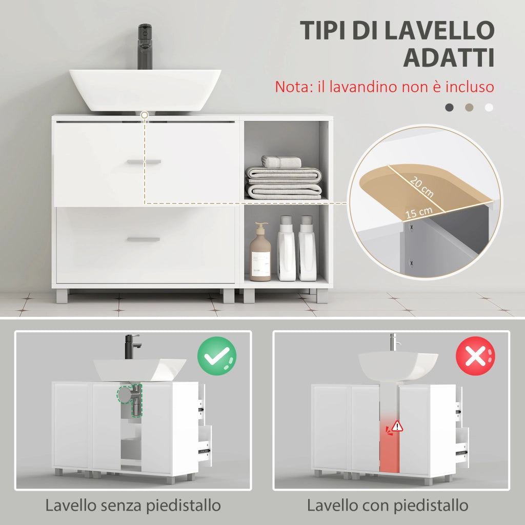 Mobile Sottolavabo Bagno con 2 Cassetti e Ripiani Aperti, in Legno, 90x30x60 cm, Bianco