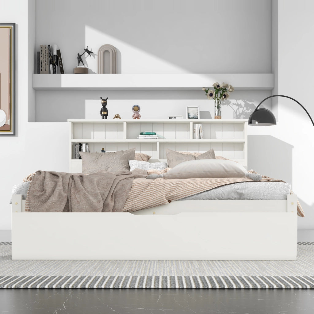 Letto matrimoniale 140x200 cm in legno bianco con testiera libreria e 2 cassetti