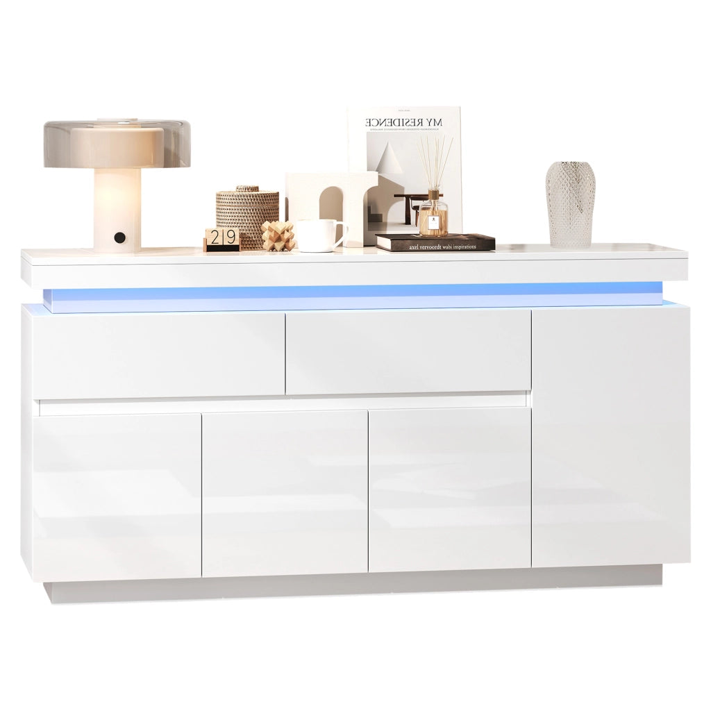 Madia con 4 ante e 2 cassetti; LED e ripiani regolabili - per soggiorno - 140 x 35 x 72.5 cm - bianco
