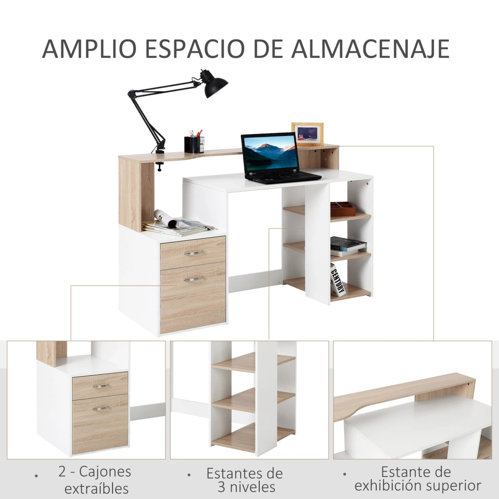 Scrivania con scaffale e cassetti ¨C zephmum ¨C bianco e rovere 137x55x92 cm