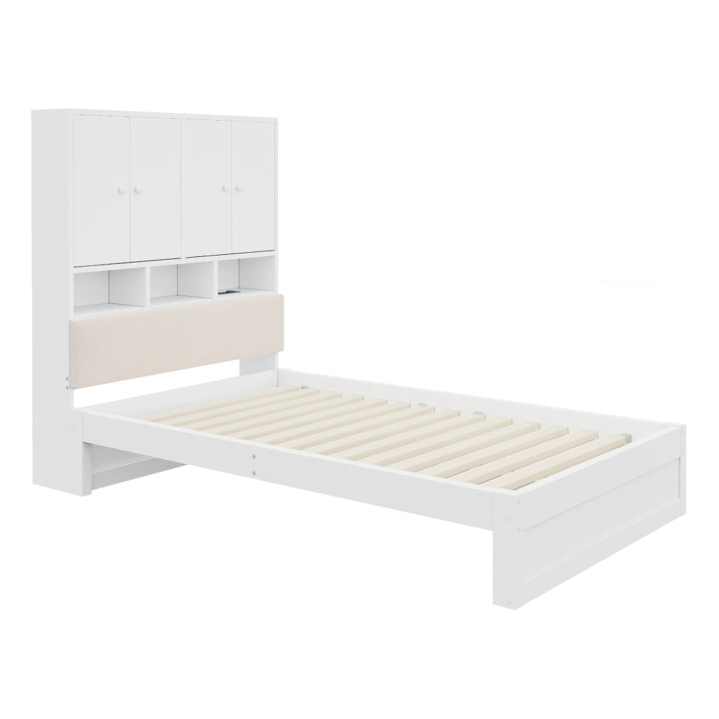 Letto in legno 90 x 200 cm, testiera imbottita, con vano portaoggetti, illuminazione a LED, presa di corrente, 2 cassetti, bianco