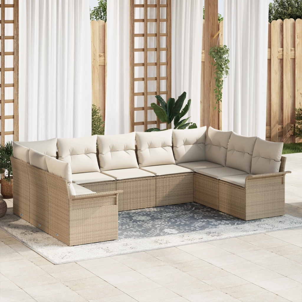 Set di divani da giardino 9 pezzi con cuscini Beige Polyrattan