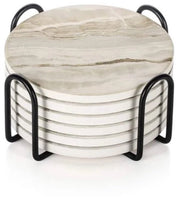 Set di 6 sottopiani ceramici con supporto, 10 cm sottopiani rotondi resistenti al calore, con superficie antiscivolo in vetro e texture a imitazione di marmo, sottopiani decorativi per bicchieri e tazze da caffè.