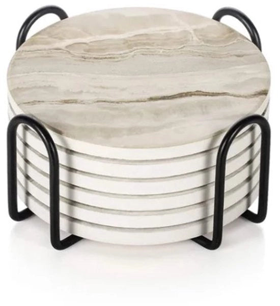 Set di 6 sottopiani ceramici con supporto, 10 cm sottopiani rotondi resistenti al calore, con superficie antiscivolo in vetro e texture a imitazione di marmo, sottopiani decorativi per bicchieri e tazze da caffè.