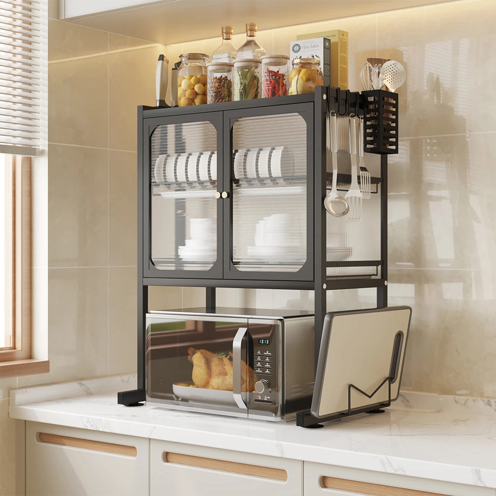 Scaffale Credenza Porta Microonde con Vetrinetta in Metallo Nero 57x37x76cm