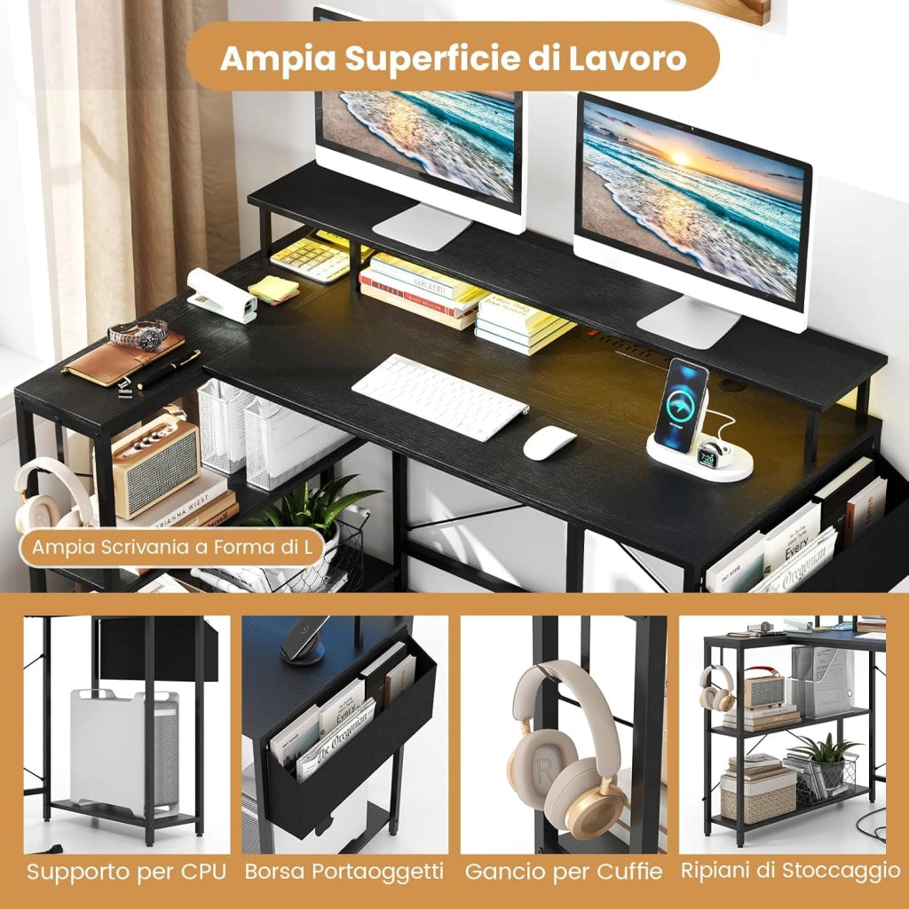 Scrivania Angolare da Gaming, Scrivania Salvaspazio a Forma di L con Luci LED, Stazione di Ricarica, Ripiani e Supporto per Monitor, Scrivania ad Angolo per Casa e Ufficio (Nero)