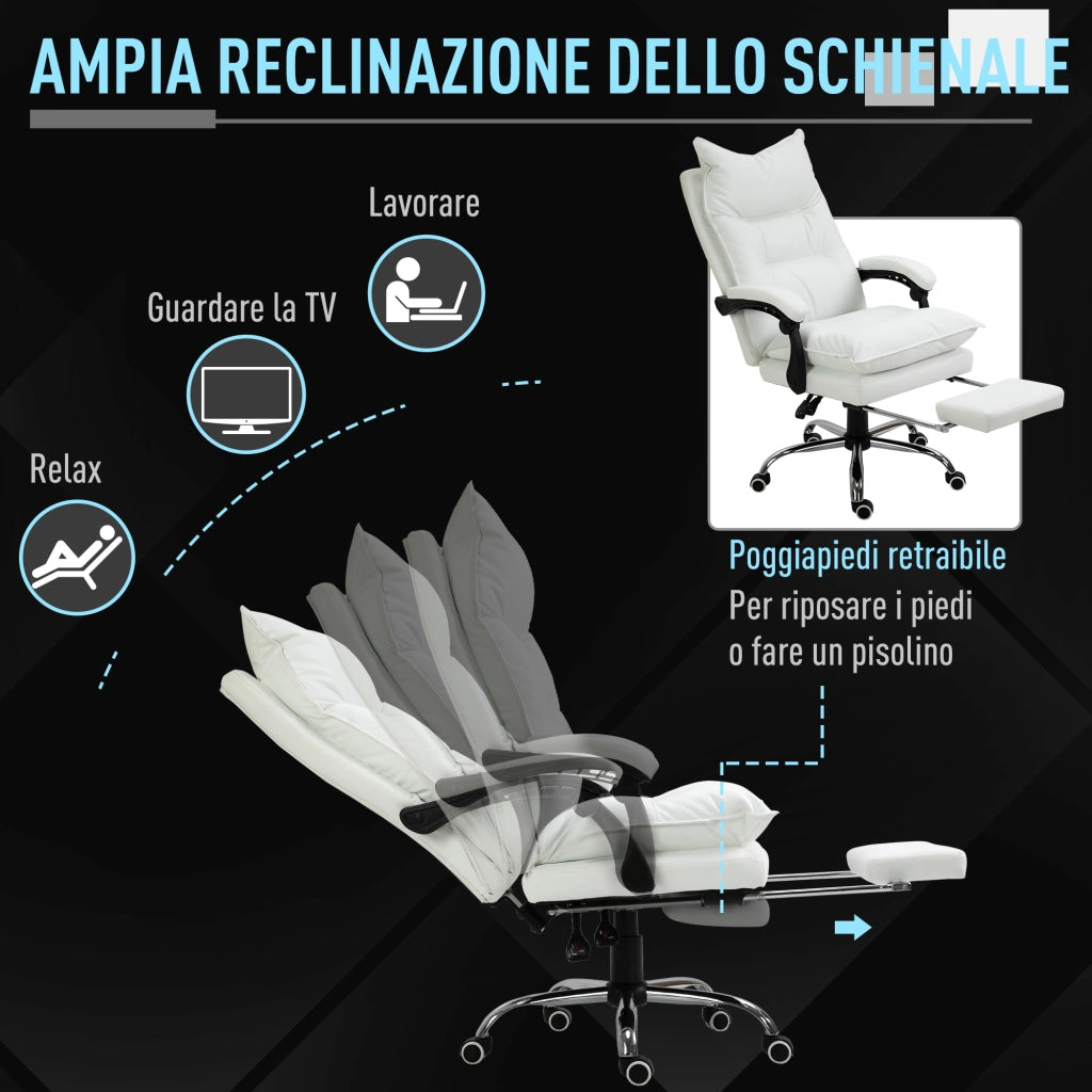 Sedia Ufficio Ergonomica Reclinabile 155¡ã con Poggiapiedi. Sedia Scrivania in Finta Pelle Facile da Pulire. Braccioli Imbottiti. Girevole e Altezza Regolabile. Bianco