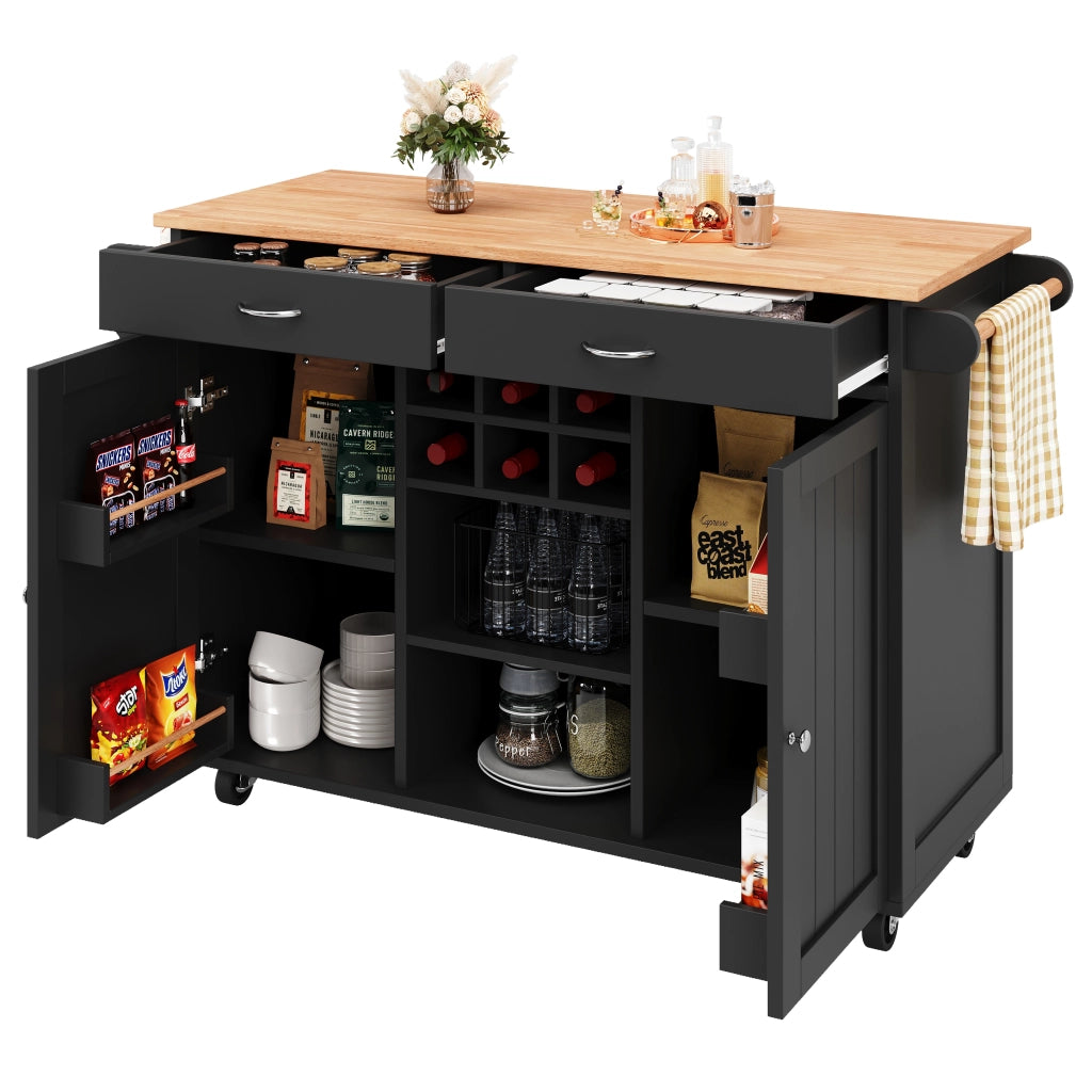 Carrello da Cucina con Portabottiglie; Ripiani Regolabili e Ruote con Freno; in MDF e Metallo; 102x45x92 cm; Nero