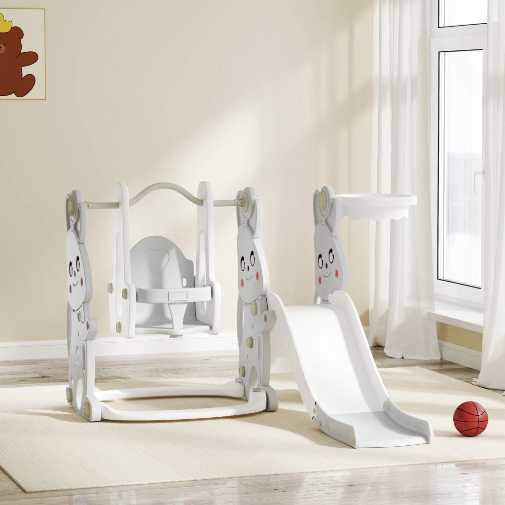 Set Gioco 4-in-1 Bambini ¨C Xylo ¨C Scivolo Altalena Arrampicata Canestro Grigio Coniglio