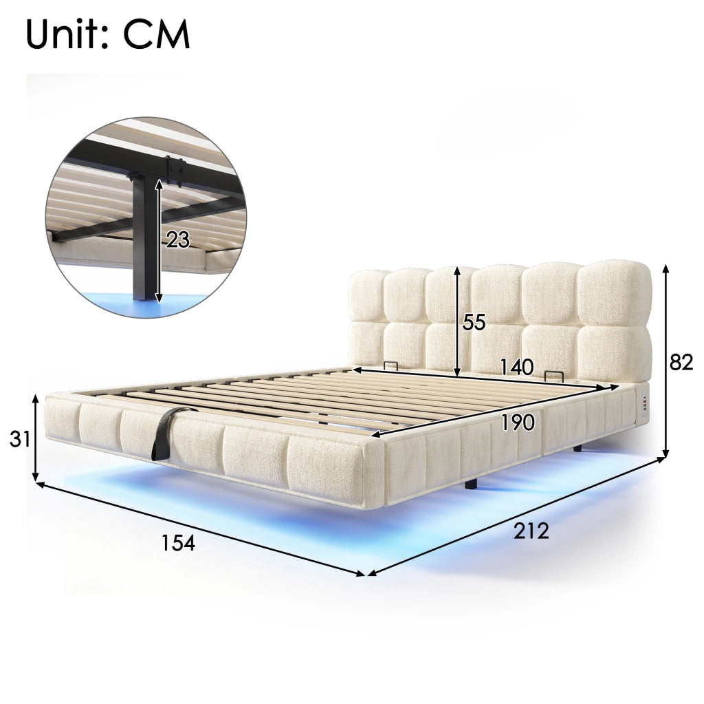 Letto imbottito 140x190 cm con contenitore idraulico, LED, USB e Type-C beige