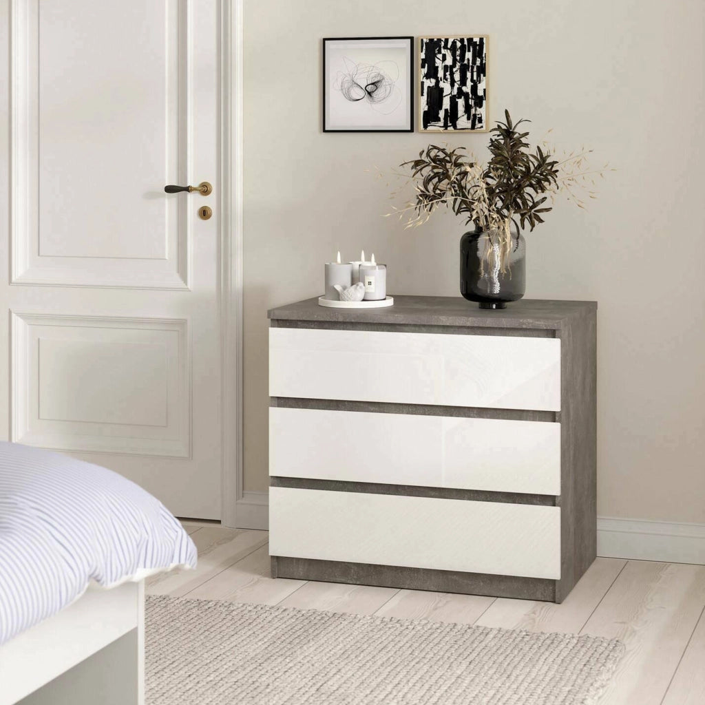Cassettiera Artic, Settimino multiuso, Comò camera da letto, Mobile con cassetti, 77x50 h70 cm, Cemento e Bianco lucido