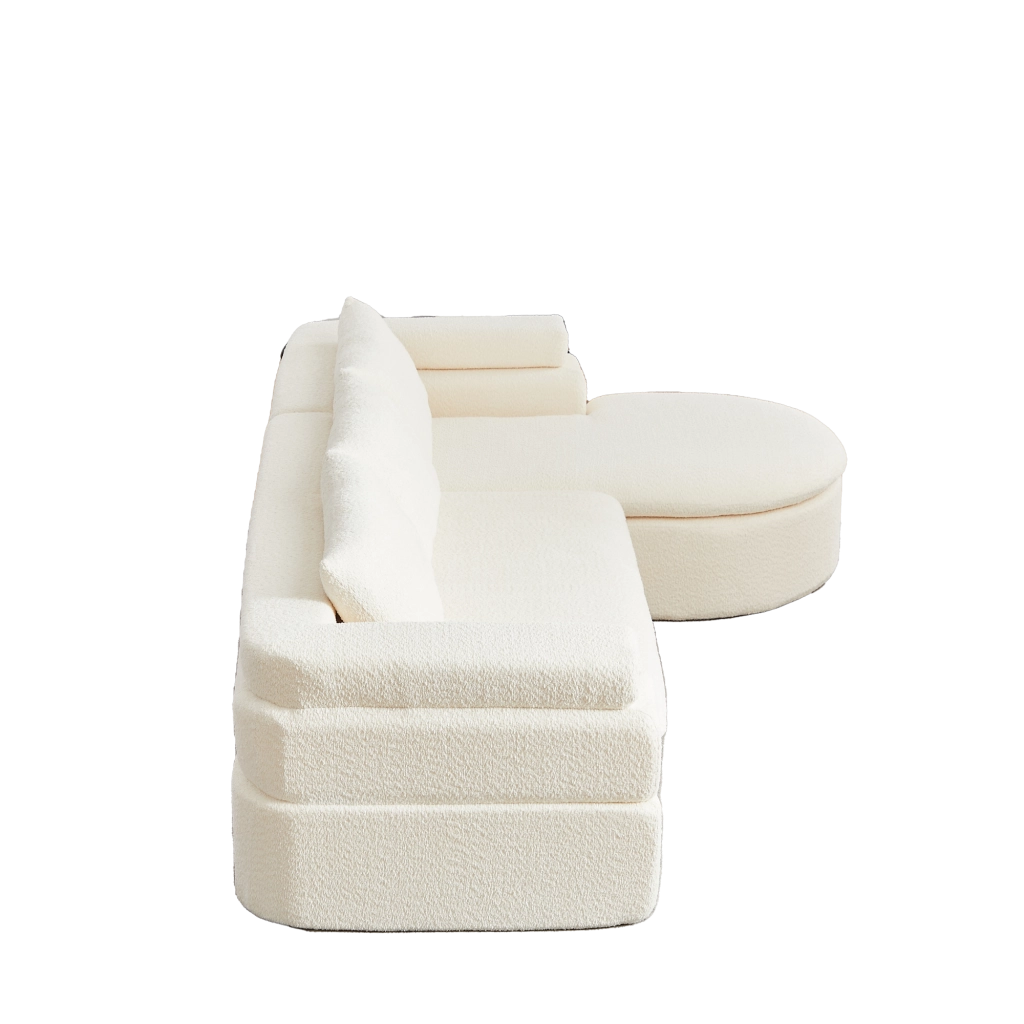 Sofa con chaise longue dal design a gradini in chenille beige
