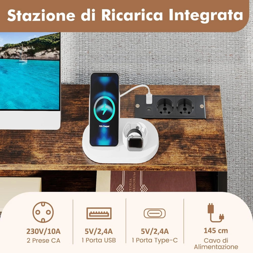 Scrivania per Computer con Supporto Monitor, Set Scrivania Salvaspazio con Sgabello, 3 Cassetti, Tasche Laterali, Stazione di Ricarica, Set Toeletta Trucco per Soggiorno Studio (Marrone)