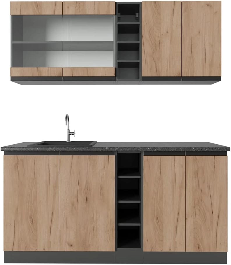 Cucina completa R-Line, Quercia dorata/antracite, 160 cm Forma a J, con piano di lavoro e lavello, premontato pronto per il collegamento