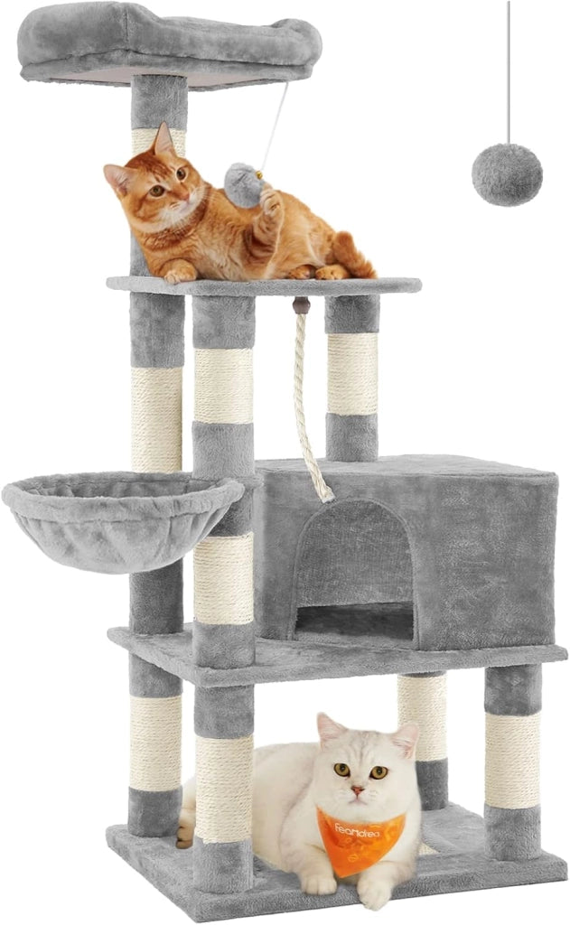Feandrea Albero per Gatti Alto 138 cm, Tiragraffi per Gatti, con Base e 9 Pali Graffiatoi, 1 Piattaforma, 1 Grotta, 1 Amaca, 1 Pompon, 1 Corda, in Peluche a Più Livelli, Grigio Chiaro PCT60W