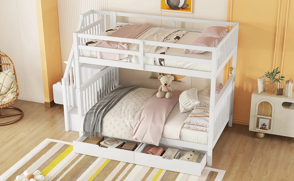DESMIU Letto a castello 140 × 200 cm 2 posti con 2 cassetti, scaffali sulla scala e senza materasso, bianco